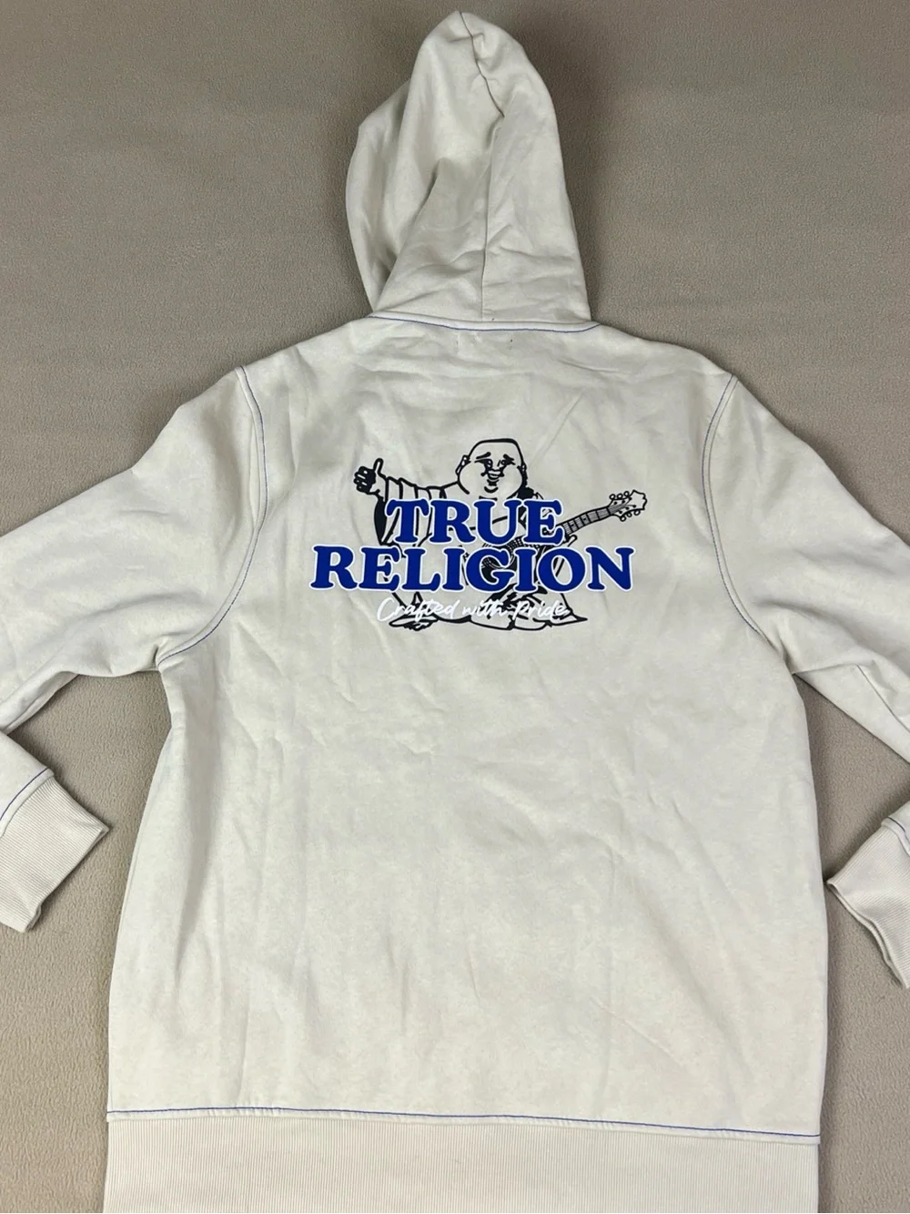 True Religion Contrast TR Full Zip Hoodie, Buddha Logo. Fog Beige. Sz Large